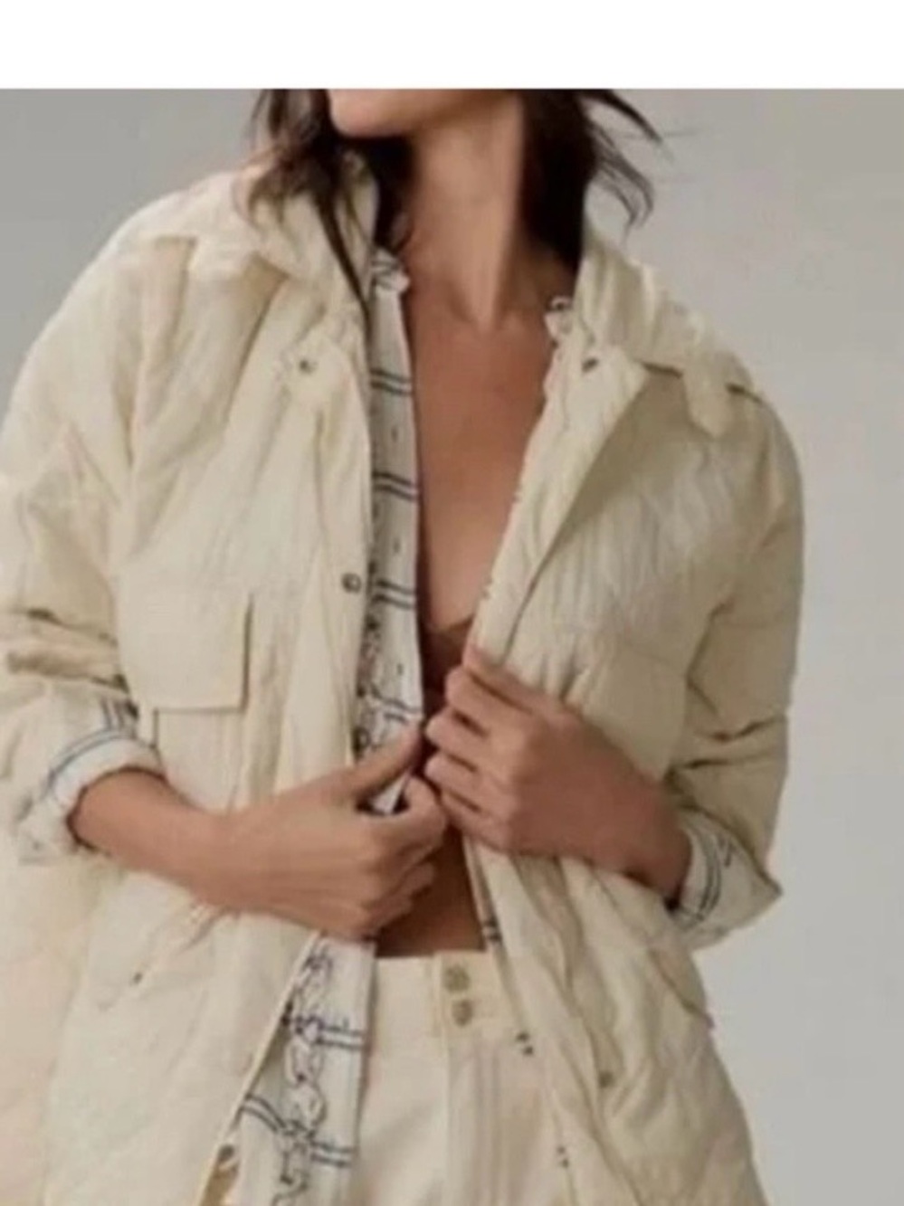 Anthropologie Cream Quilted Shacket Lightweight Barn Jacket Size S